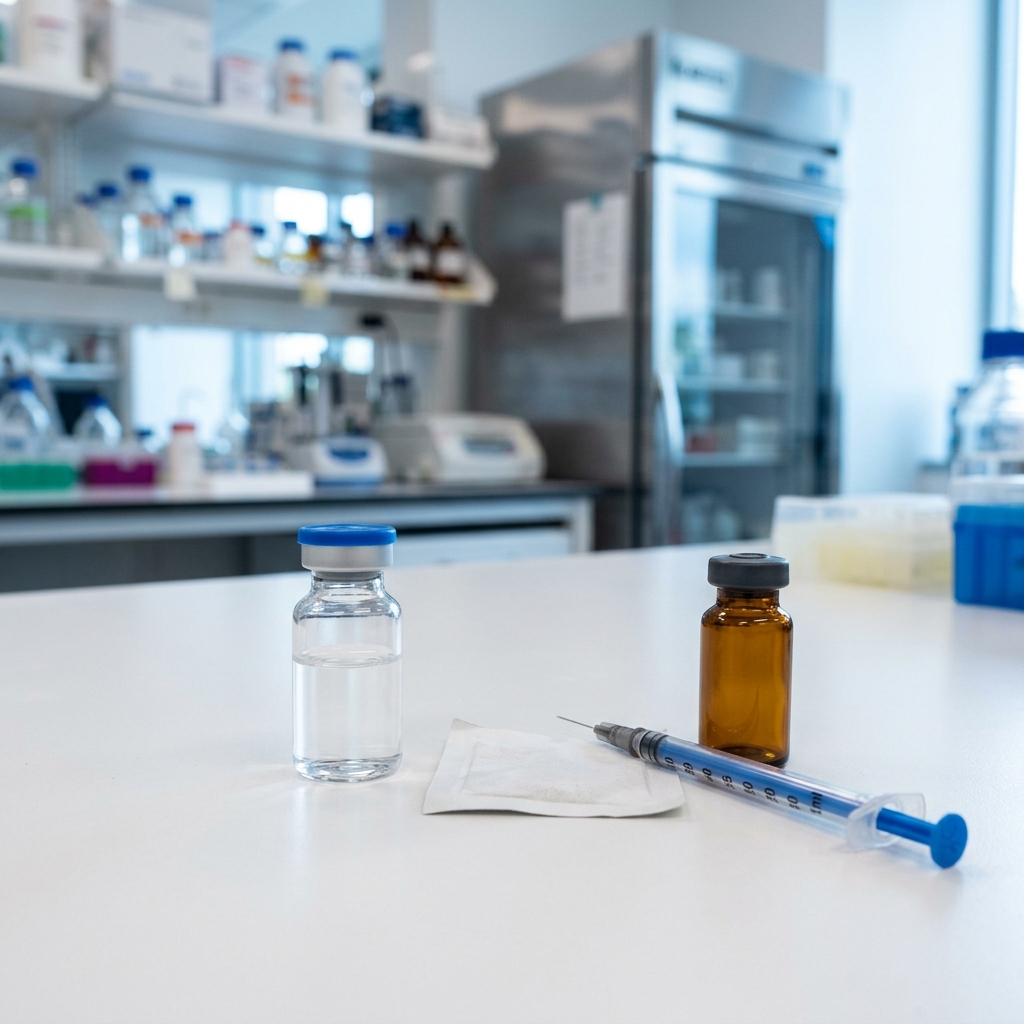 Bacteriostatic water vial and syringe in research lab