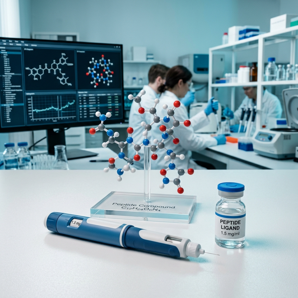 Semaglutide injection pen and molecular model in pharmaceutical research lab